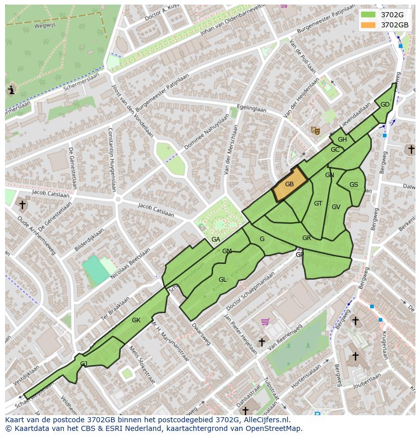 Afbeelding van het postcodegebied 3702 GB op de kaart.
