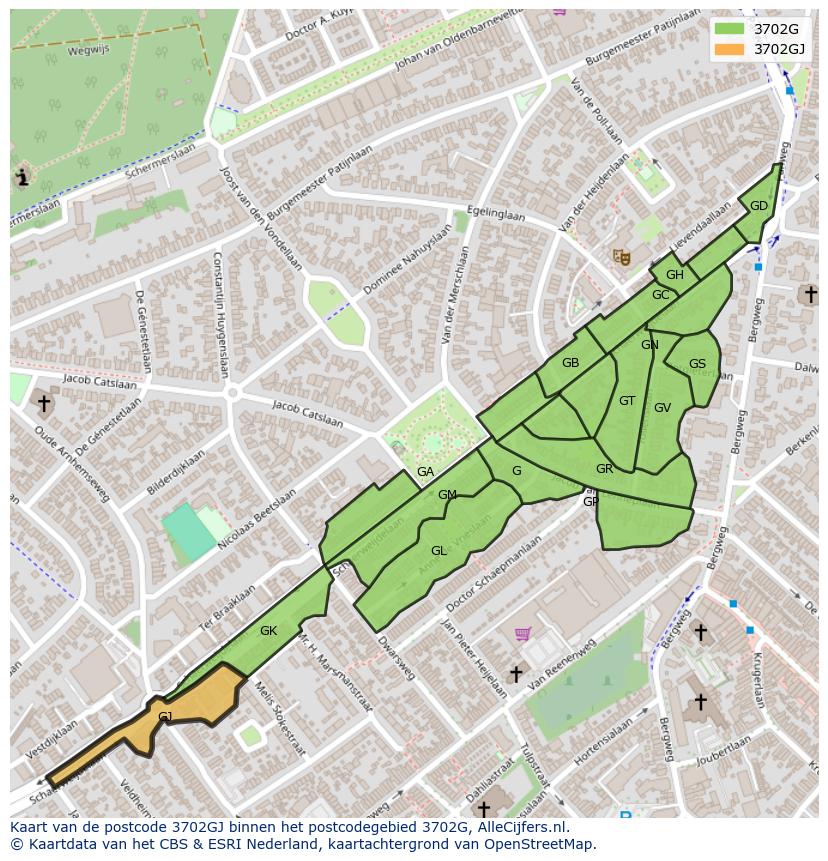 Afbeelding van het postcodegebied 3702 GJ op de kaart.