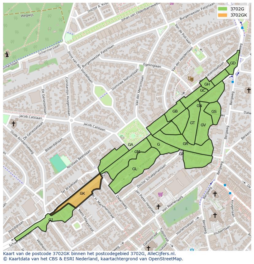 Afbeelding van het postcodegebied 3702 GK op de kaart.