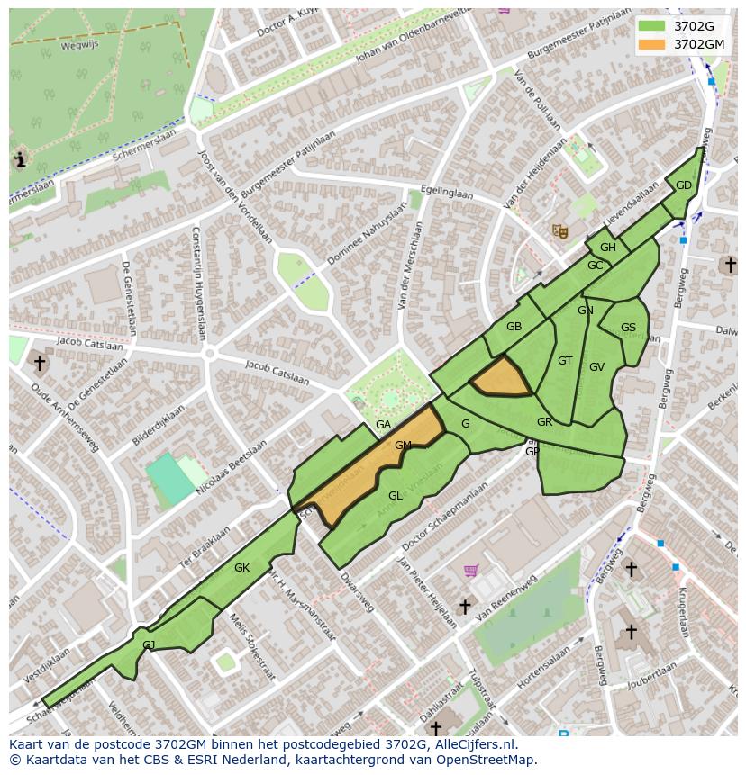 Afbeelding van het postcodegebied 3702 GM op de kaart.