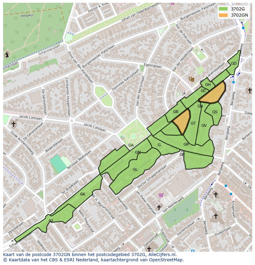 Afbeelding van het postcodegebied 3702 GN op de kaart.