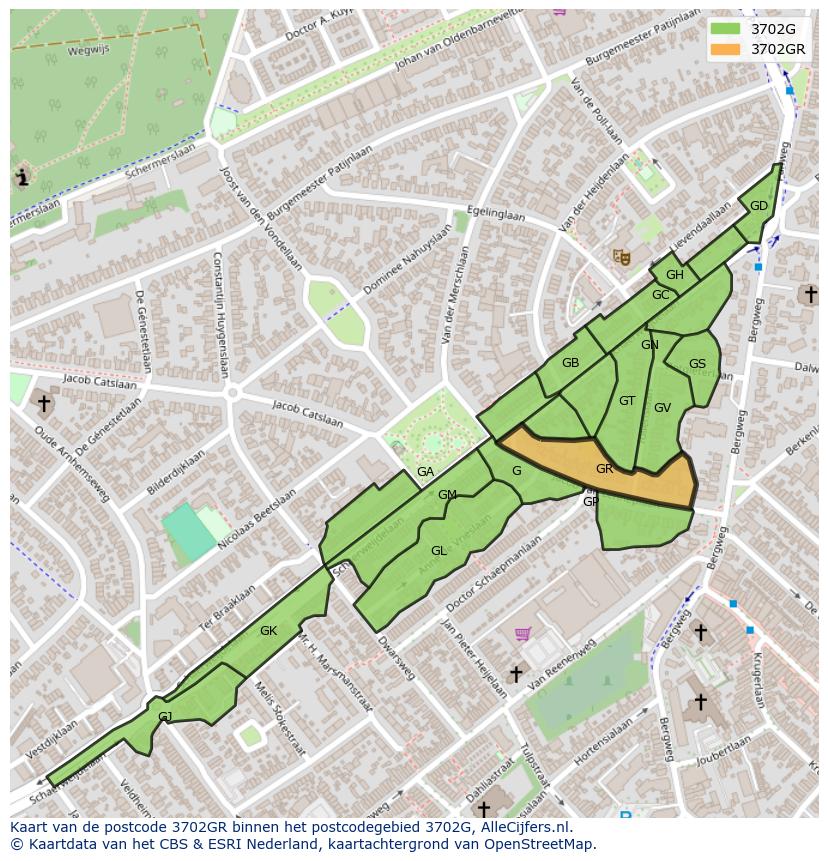 Afbeelding van het postcodegebied 3702 GR op de kaart.