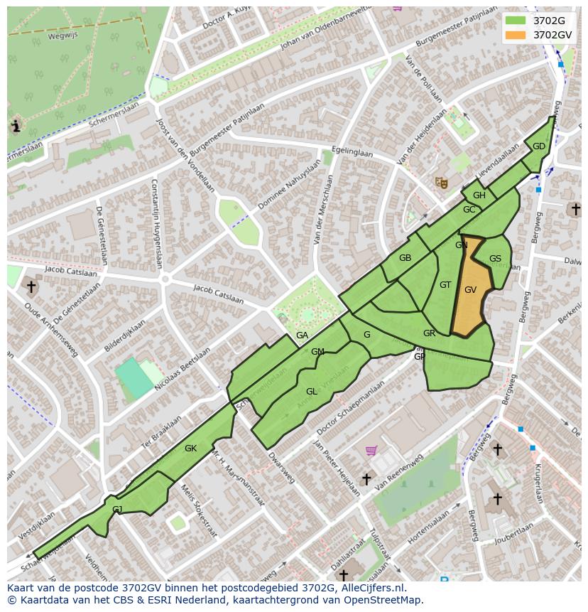 Afbeelding van het postcodegebied 3702 GV op de kaart.