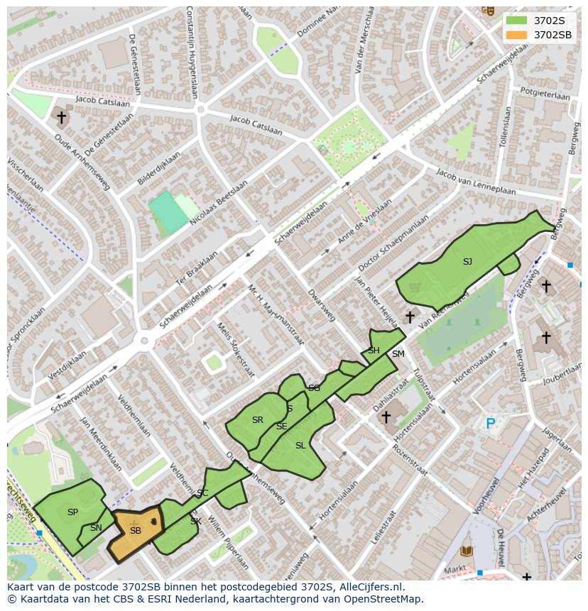 Afbeelding van het postcodegebied 3702 SB op de kaart.
