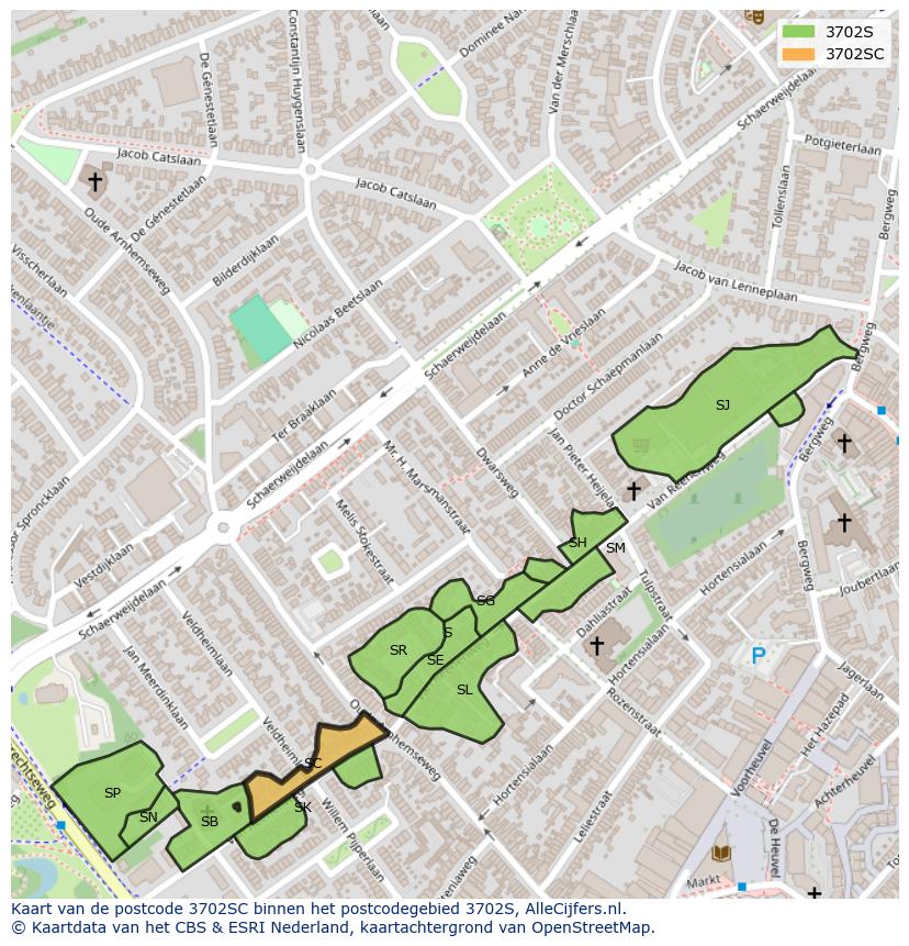 Afbeelding van het postcodegebied 3702 SC op de kaart.