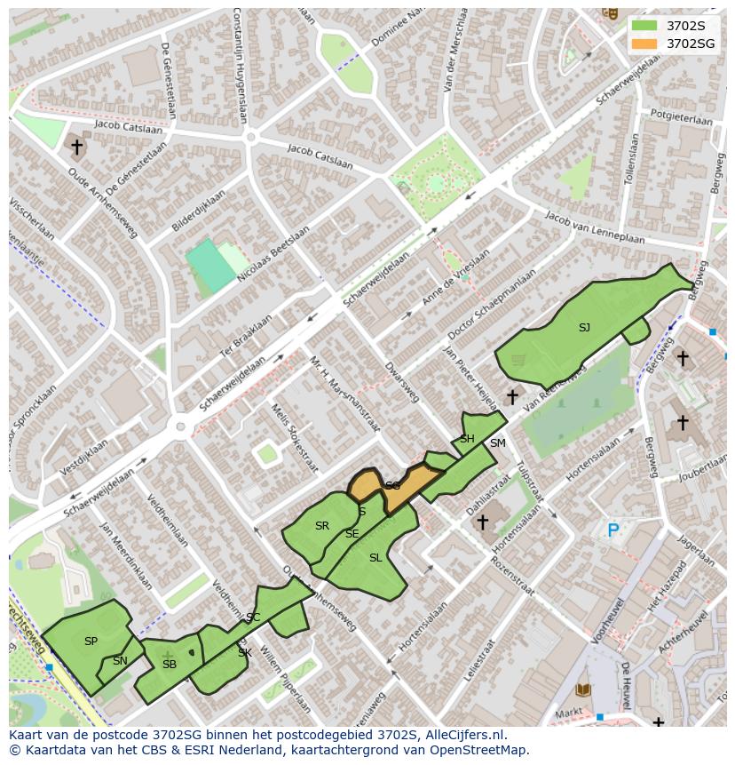 Afbeelding van het postcodegebied 3702 SG op de kaart.