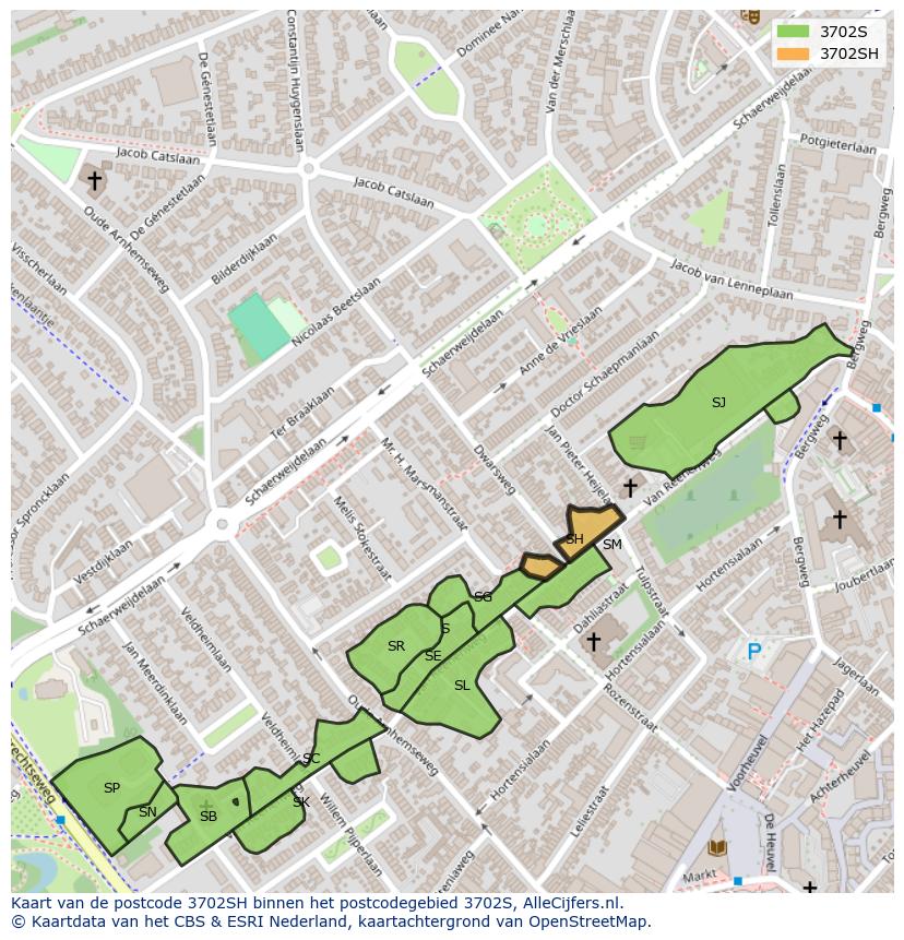 Afbeelding van het postcodegebied 3702 SH op de kaart.