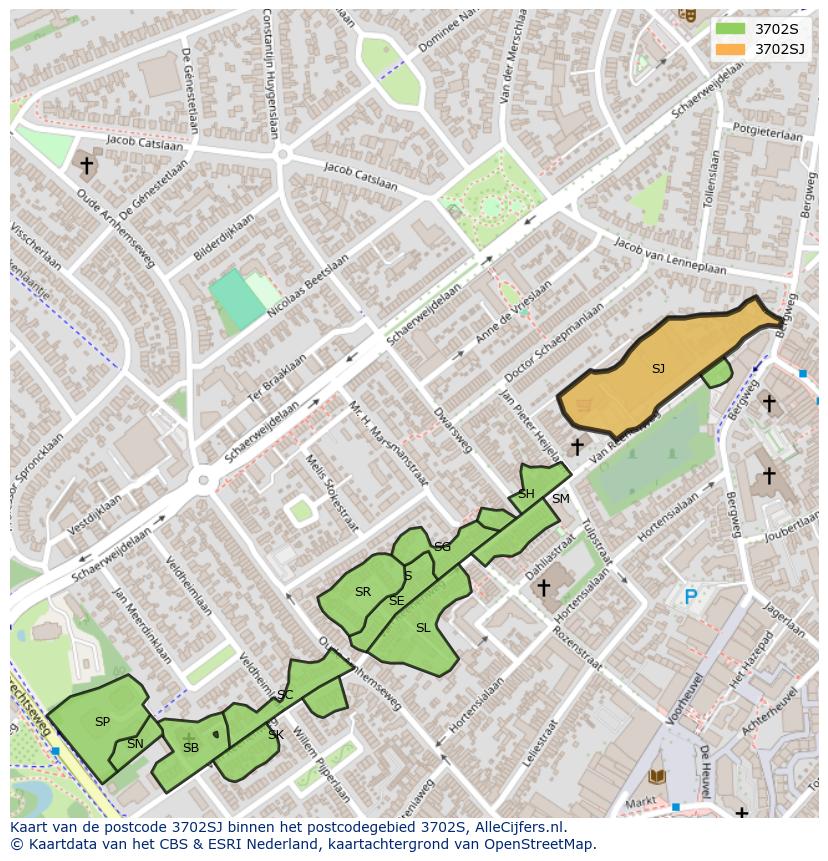 Afbeelding van het postcodegebied 3702 SJ op de kaart.