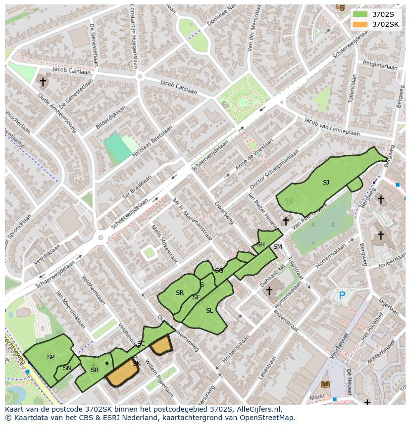Afbeelding van het postcodegebied 3702 SK op de kaart.
