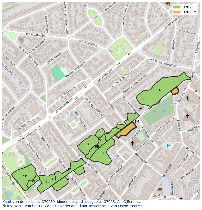 Afbeelding van het postcodegebied 3702 SM op de kaart.