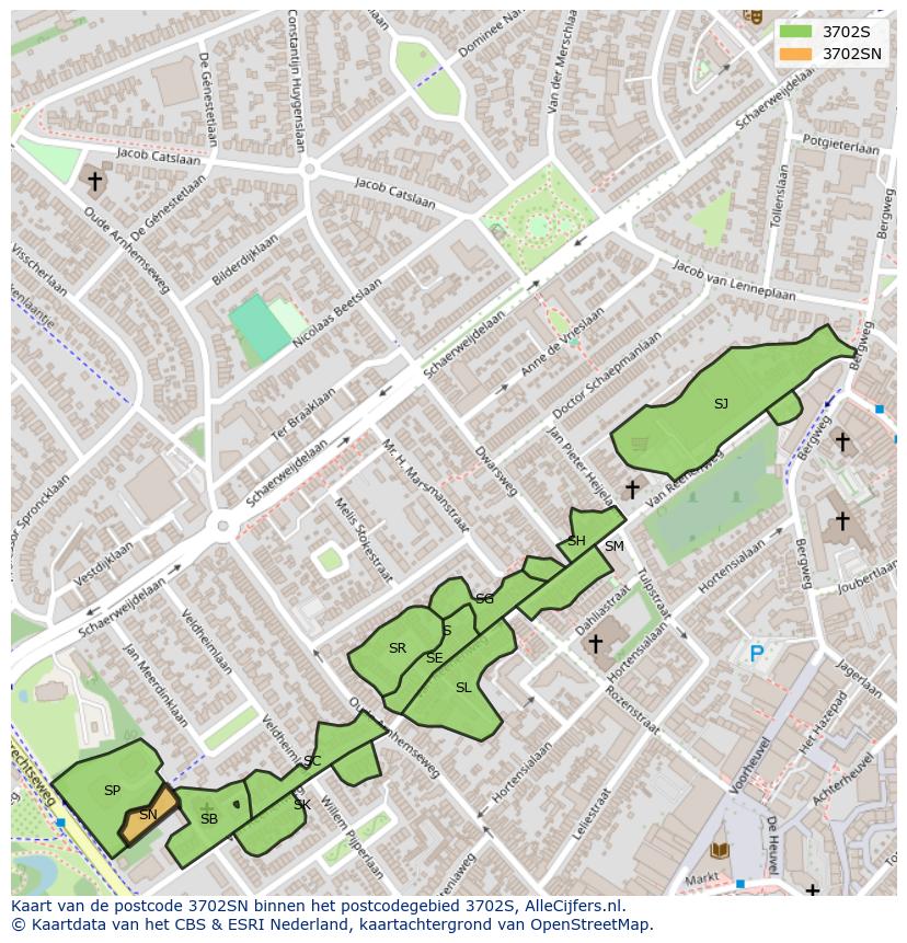 Afbeelding van het postcodegebied 3702 SN op de kaart.