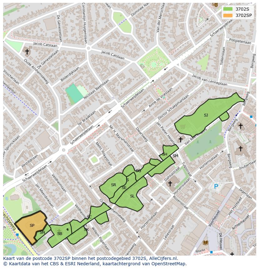 Afbeelding van het postcodegebied 3702 SP op de kaart.