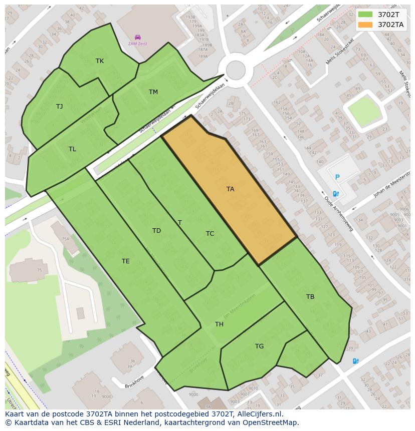 Afbeelding van het postcodegebied 3702 TA op de kaart.