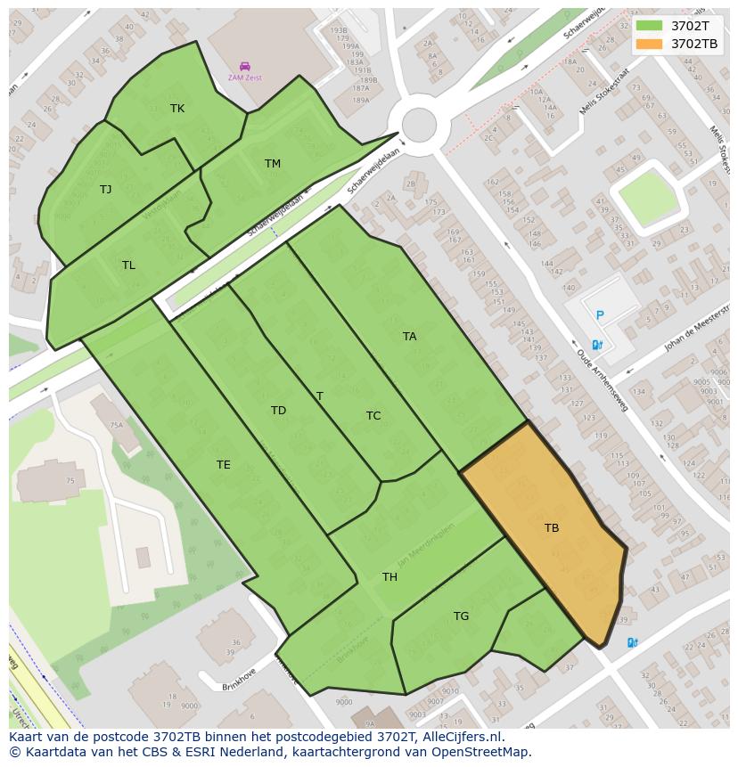 Afbeelding van het postcodegebied 3702 TB op de kaart.