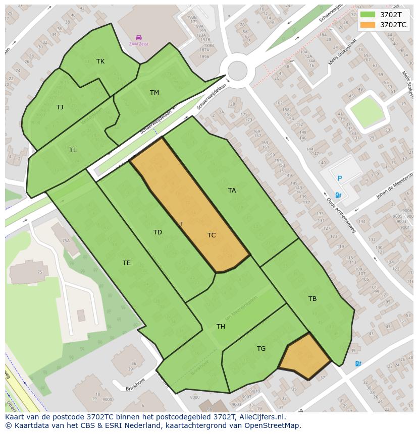 Afbeelding van het postcodegebied 3702 TC op de kaart.