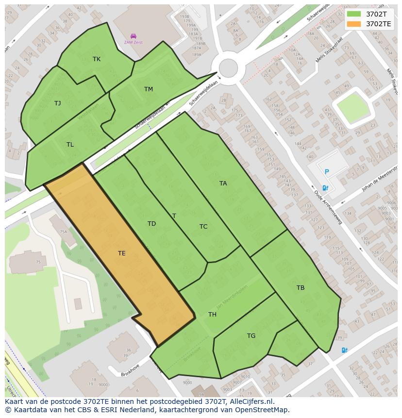 Afbeelding van het postcodegebied 3702 TE op de kaart.