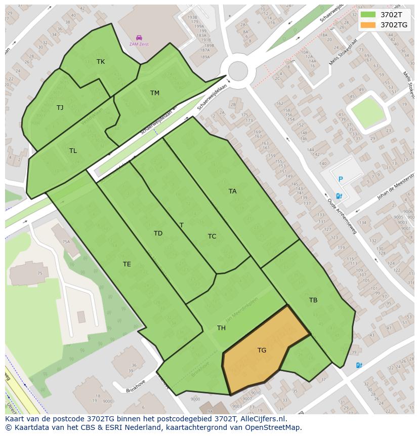 Afbeelding van het postcodegebied 3702 TG op de kaart.