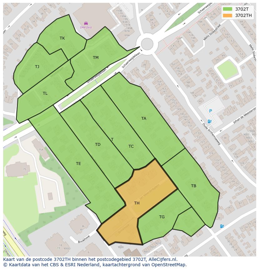 Afbeelding van het postcodegebied 3702 TH op de kaart.