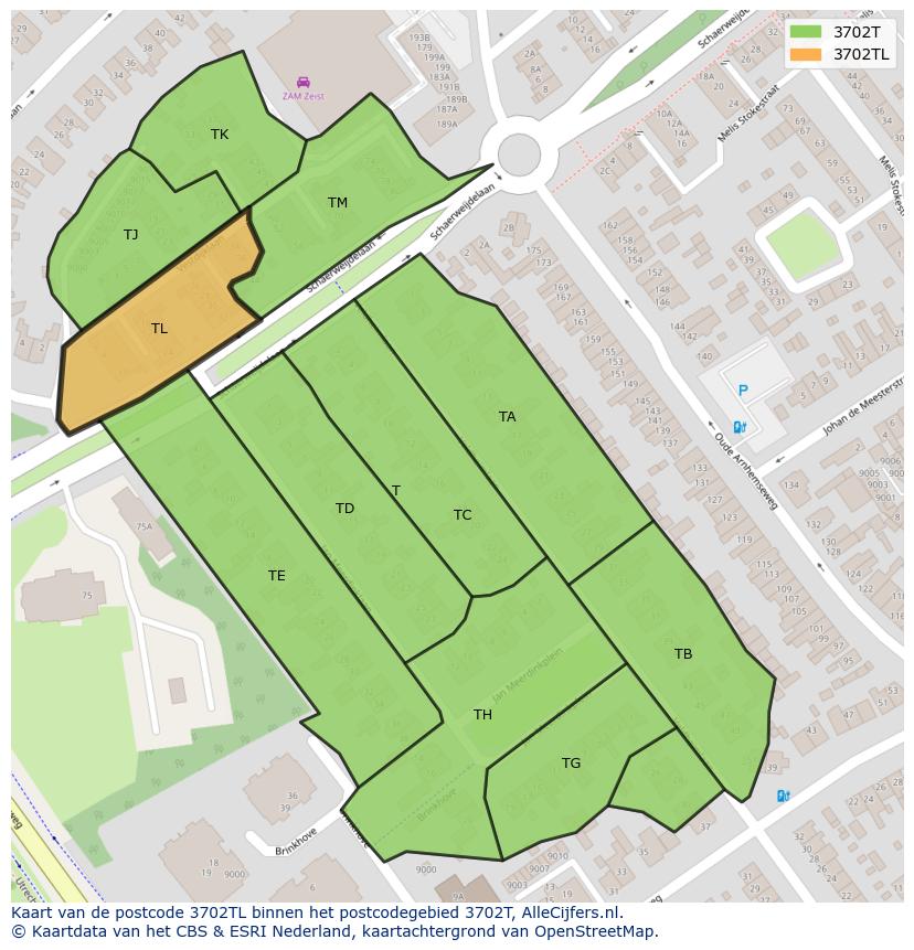 Afbeelding van het postcodegebied 3702 TL op de kaart.