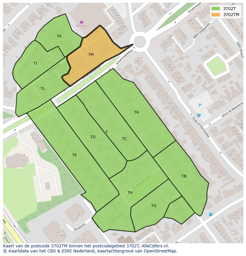 Afbeelding van het postcodegebied 3702 TM op de kaart.