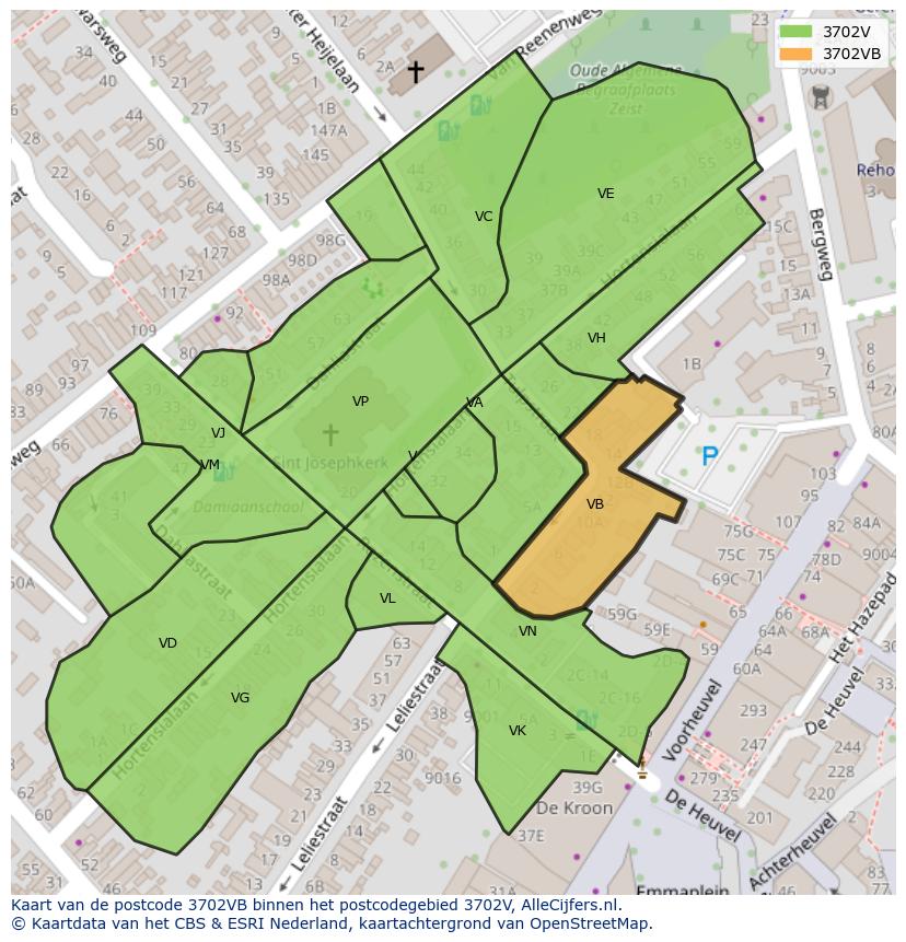 Afbeelding van het postcodegebied 3702 VB op de kaart.