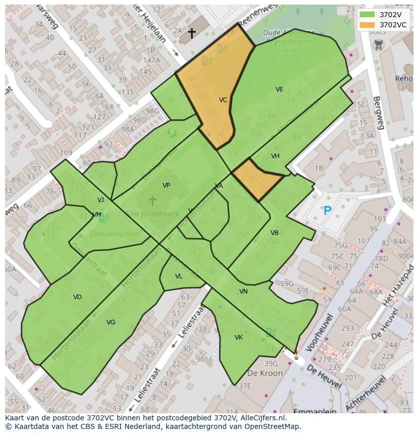 Afbeelding van het postcodegebied 3702 VC op de kaart.