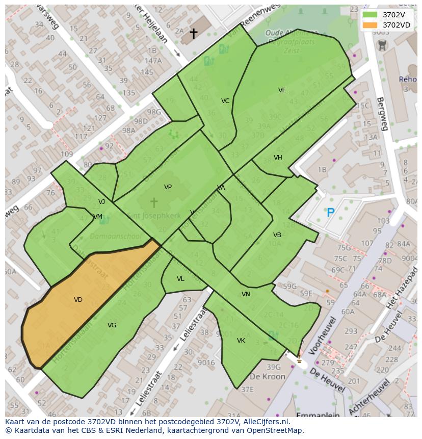 Afbeelding van het postcodegebied 3702 VD op de kaart.