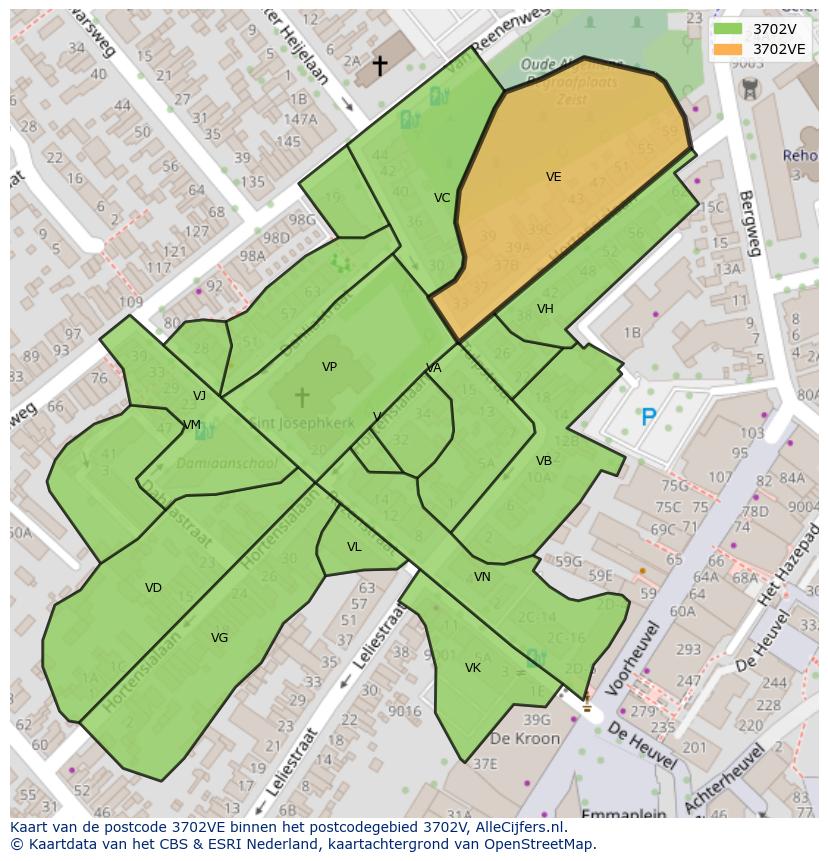 Afbeelding van het postcodegebied 3702 VE op de kaart.