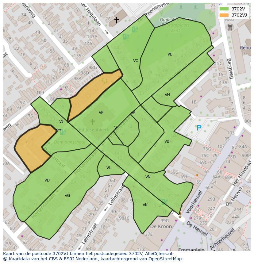 Afbeelding van het postcodegebied 3702 VJ op de kaart.