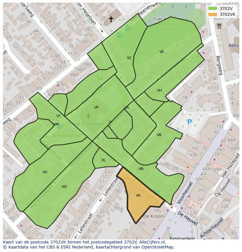 Afbeelding van het postcodegebied 3702 VK op de kaart.