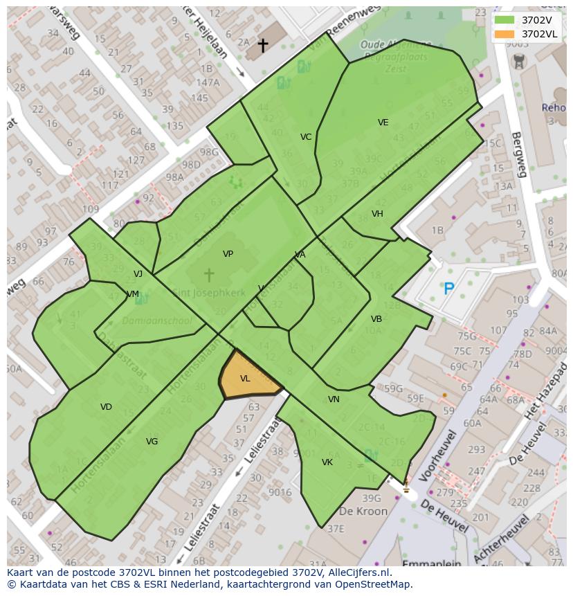 Afbeelding van het postcodegebied 3702 VL op de kaart.