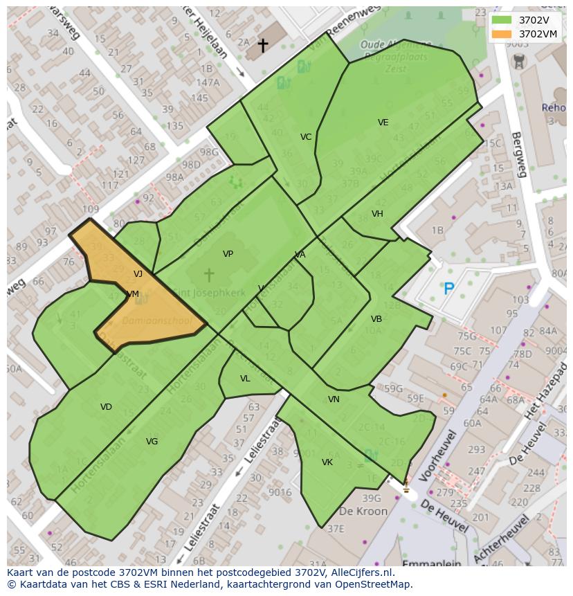 Afbeelding van het postcodegebied 3702 VM op de kaart.