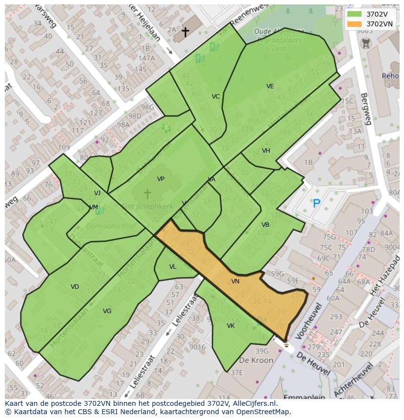 Afbeelding van het postcodegebied 3702 VN op de kaart.