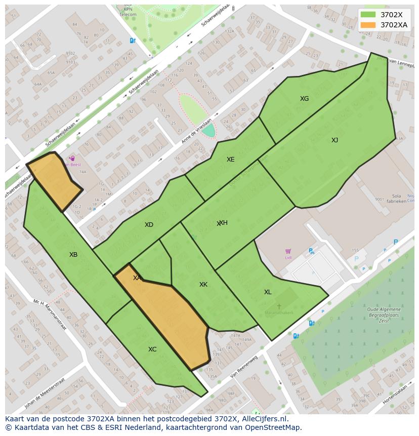 Afbeelding van het postcodegebied 3702 XA op de kaart.