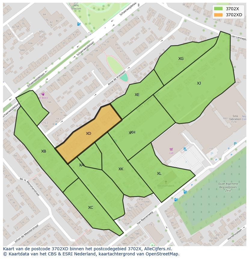 Afbeelding van het postcodegebied 3702 XD op de kaart.