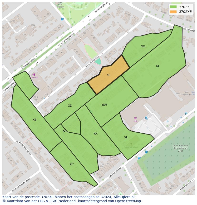 Afbeelding van het postcodegebied 3702 XE op de kaart.