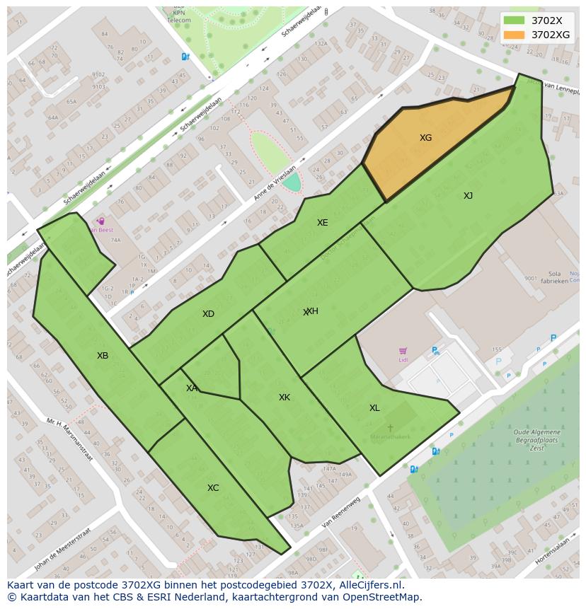 Afbeelding van het postcodegebied 3702 XG op de kaart.