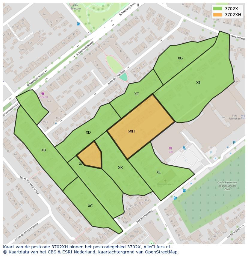 Afbeelding van het postcodegebied 3702 XH op de kaart.