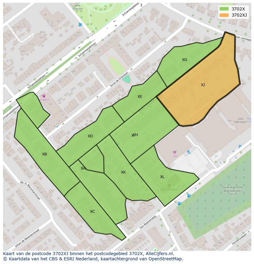 Afbeelding van het postcodegebied 3702 XJ op de kaart.