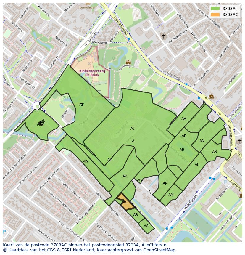 Afbeelding van het postcodegebied 3703 AC op de kaart.