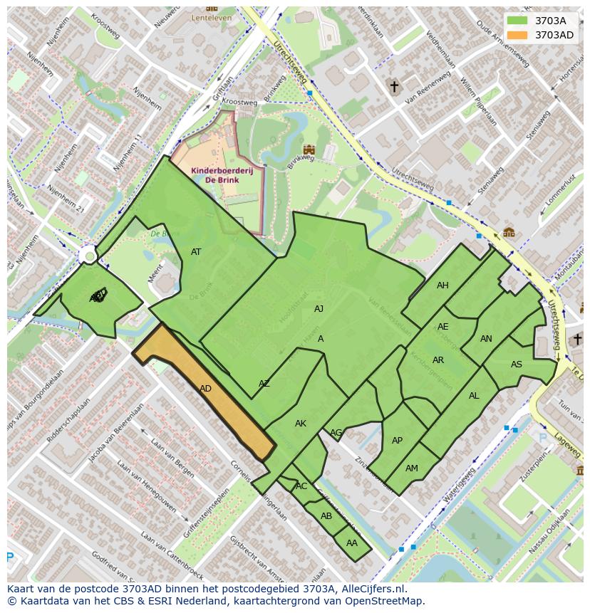 Afbeelding van het postcodegebied 3703 AD op de kaart.
