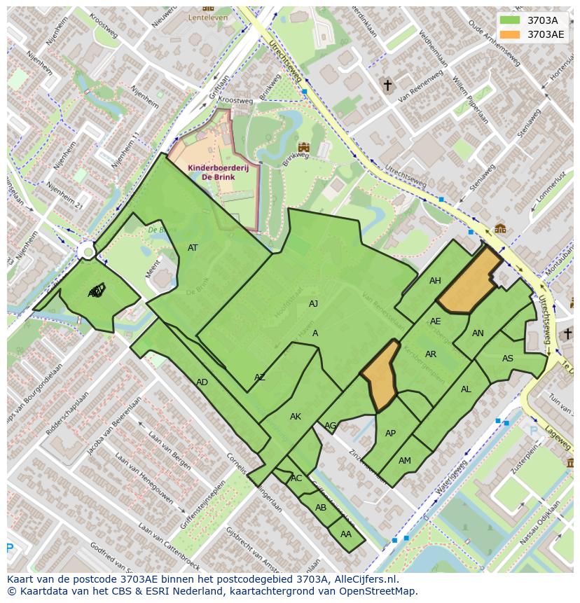 Afbeelding van het postcodegebied 3703 AE op de kaart.