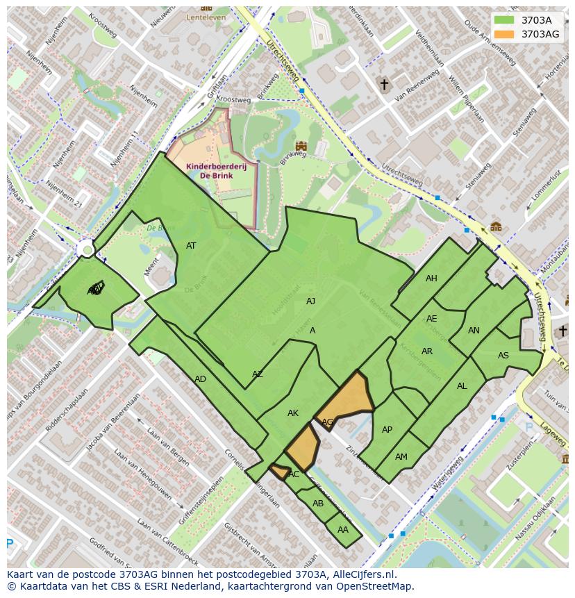 Afbeelding van het postcodegebied 3703 AG op de kaart.