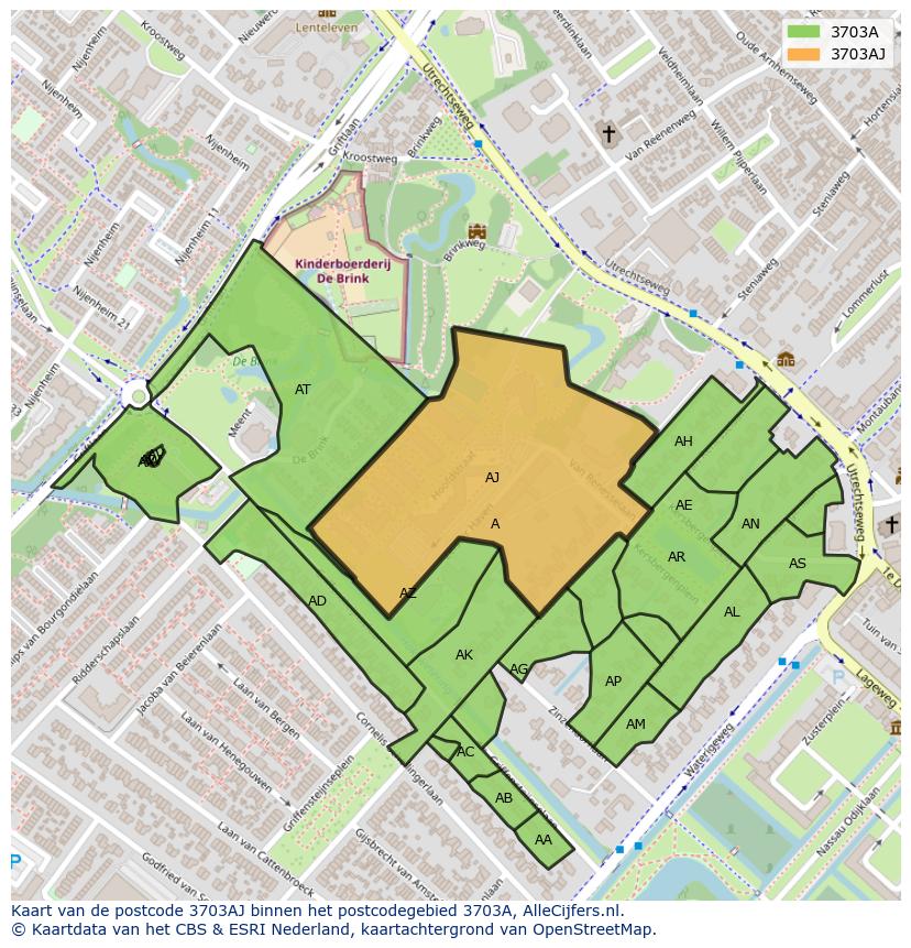Afbeelding van het postcodegebied 3703 AJ op de kaart.