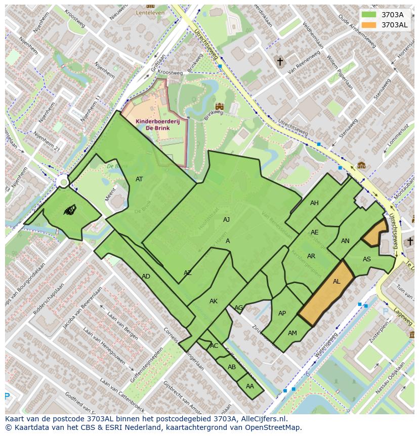 Afbeelding van het postcodegebied 3703 AL op de kaart.