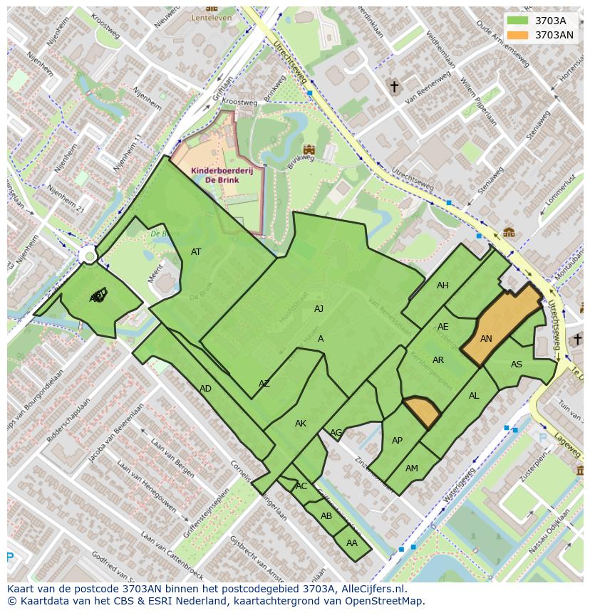 Afbeelding van het postcodegebied 3703 AN op de kaart.