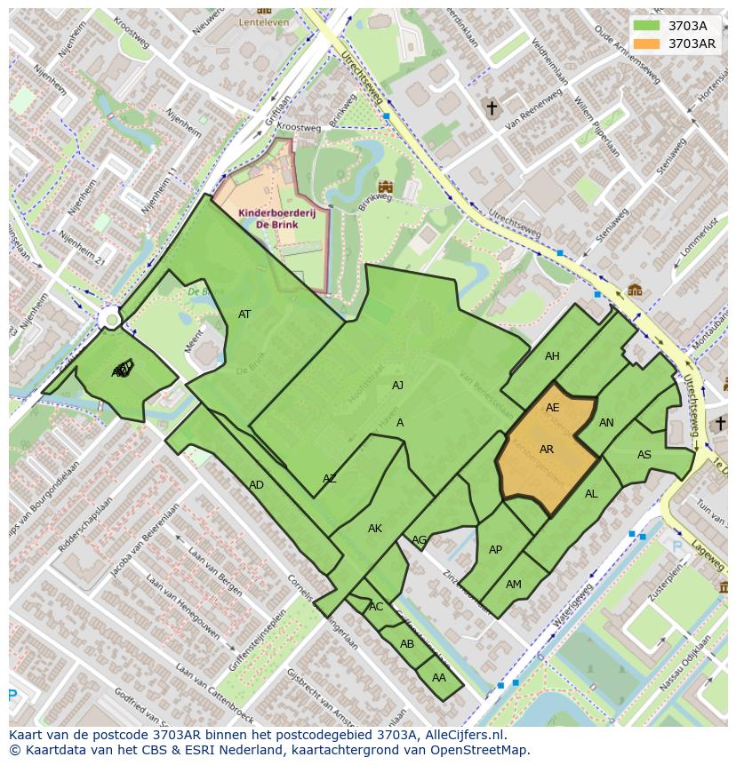 Afbeelding van het postcodegebied 3703 AR op de kaart.