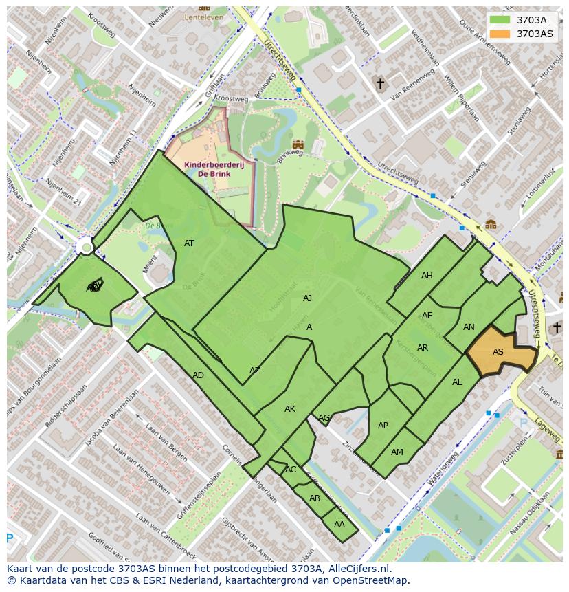 Afbeelding van het postcodegebied 3703 AS op de kaart.