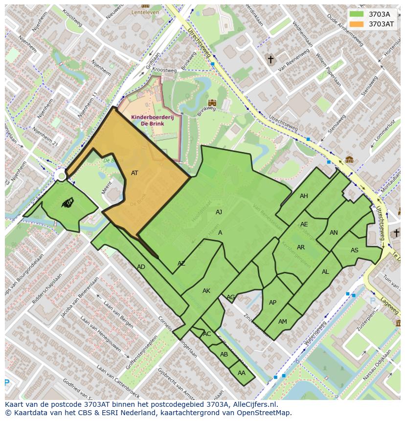 Afbeelding van het postcodegebied 3703 AT op de kaart.