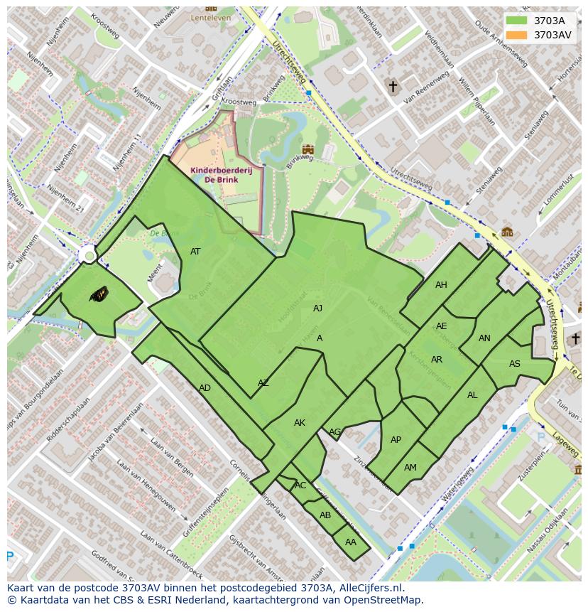 Afbeelding van het postcodegebied 3703 AV op de kaart.